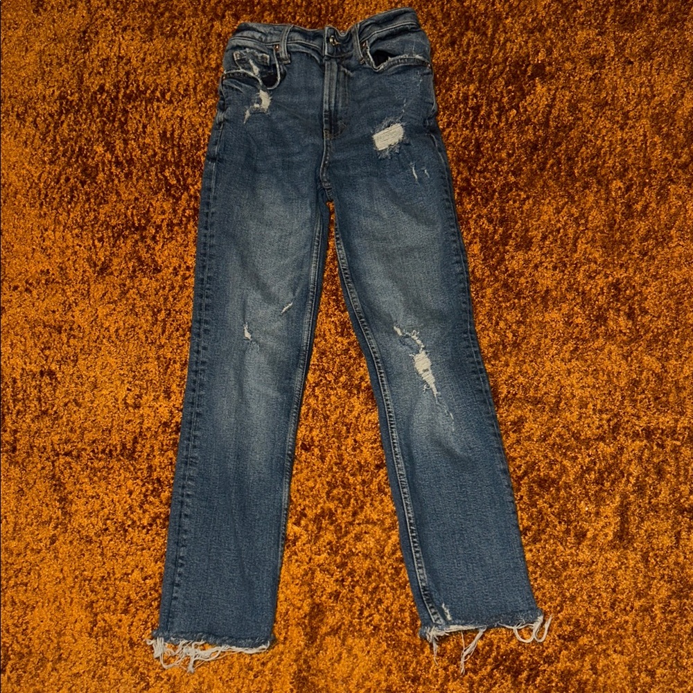 We The Free Distressed Straight Leg Jeans in Medium Dark Blue